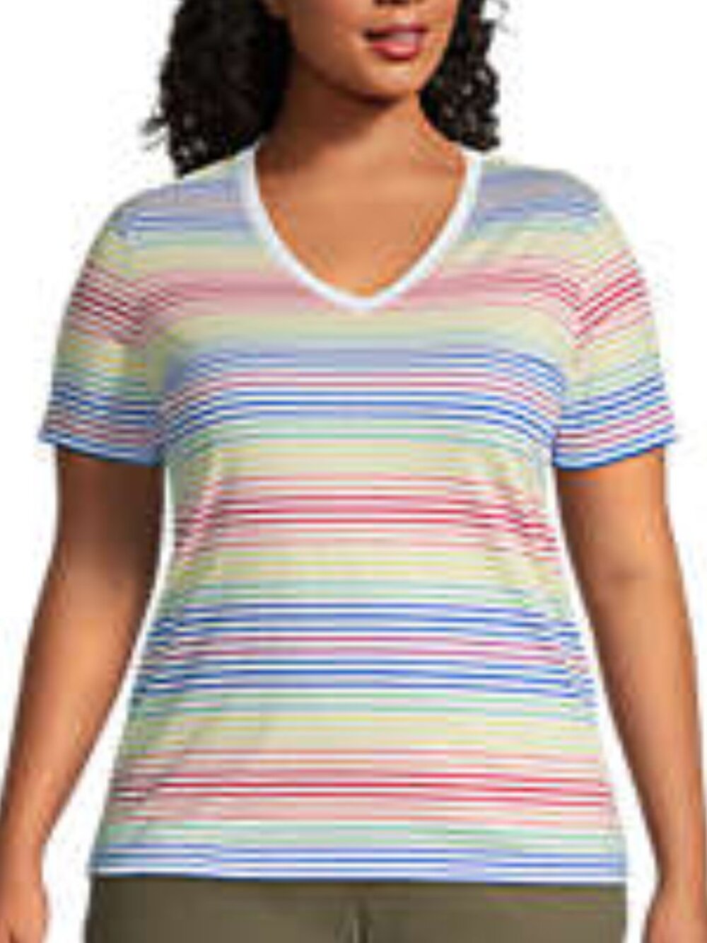 Lands' End Women's Supima Cotton V-Neck T-Shirt in Rainbow Stripes, 2X
